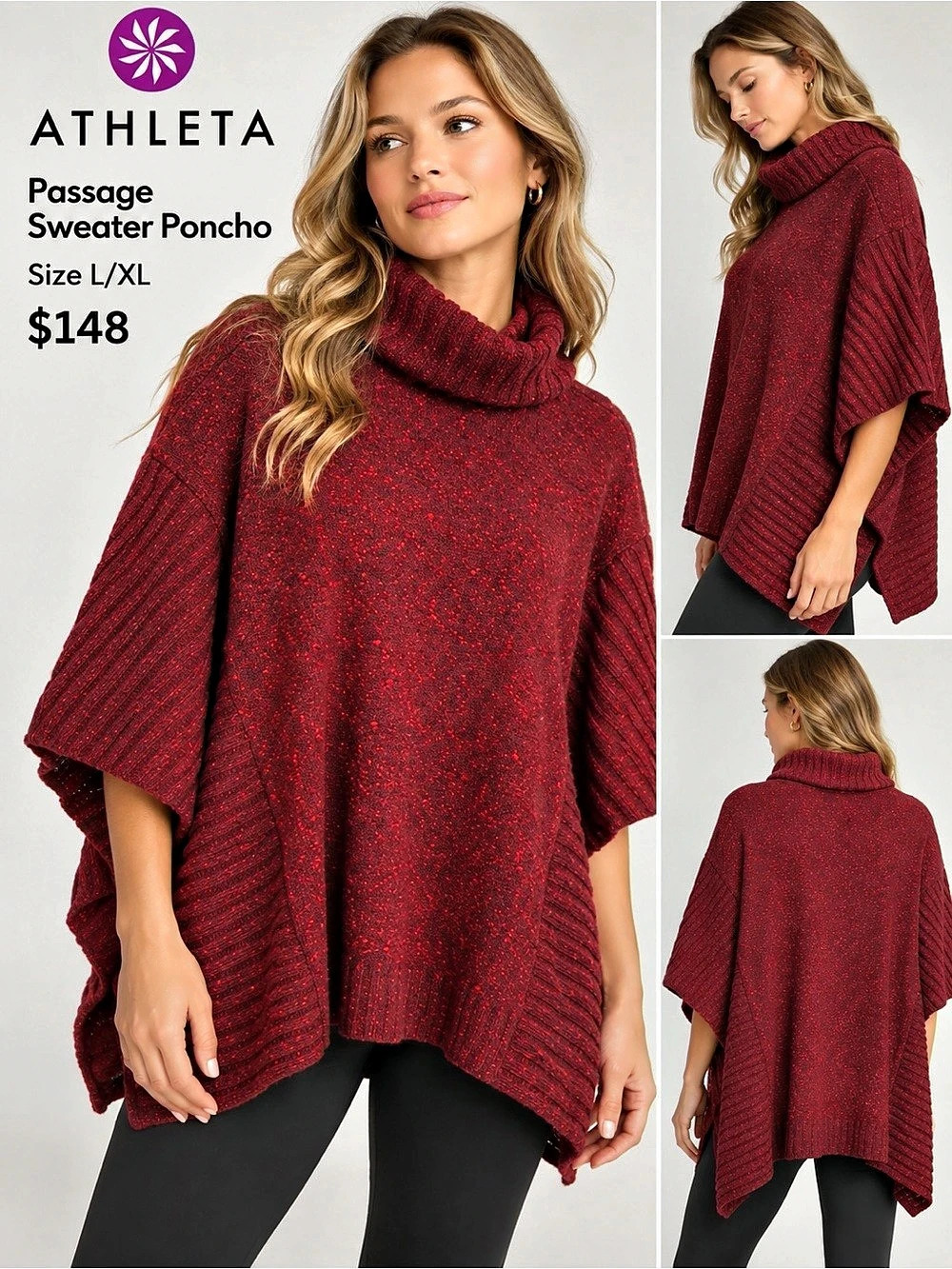 Athleta Passage Sweater Poncho Burgundy Cowl Neck Poncho L/XL NWT